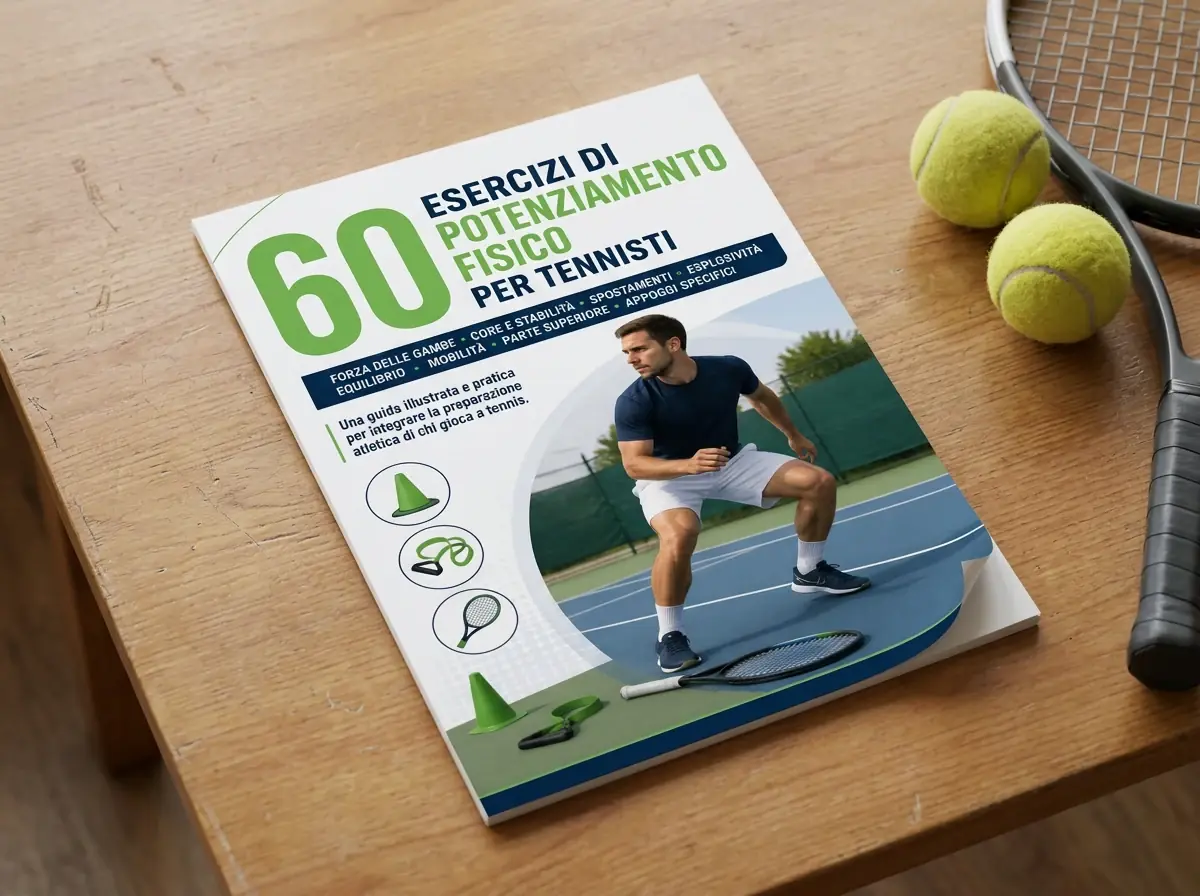 Guida stampata con 60 esercizi di potenziamento fisico per tennisti in formato A4 su un tavolo